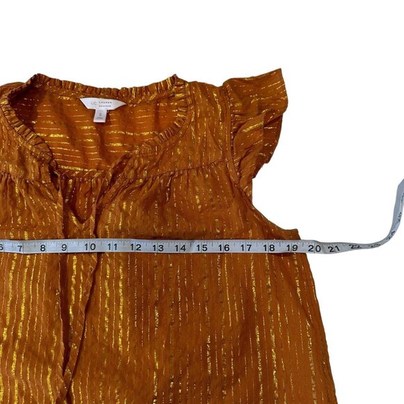 LC Lauren Conrad Women SZ S Mustard Gold Striped Top Blouse Tie V Neck Pullover - Picture 7 of 13
